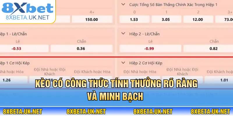 Kèo Cơ Hội Kép - Bí Kíp Né Thua Cho Người Chơi Tại 8XBET 3 Kèo có công thức tính thưởng rõ ràng và minh bạch
